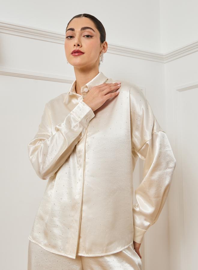 Styli Women Off-White Satin Long Sleeve Shirt - Image 1