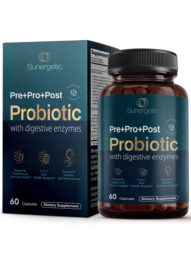 سانيرجيتيك مكملات بروبيوتيك وبريبايوتيك وبوستبايوتيك وإنزيمات هضمية ممتازة 4 في 1 للرجال والنساء - تدعم الأمعاء والهضم والمناعة - صحة الأمعاء الكاملة مع بريبايوتيك وبوستبايوتيك وإنزيمات هضمية - 60 كبسولة - Image 1