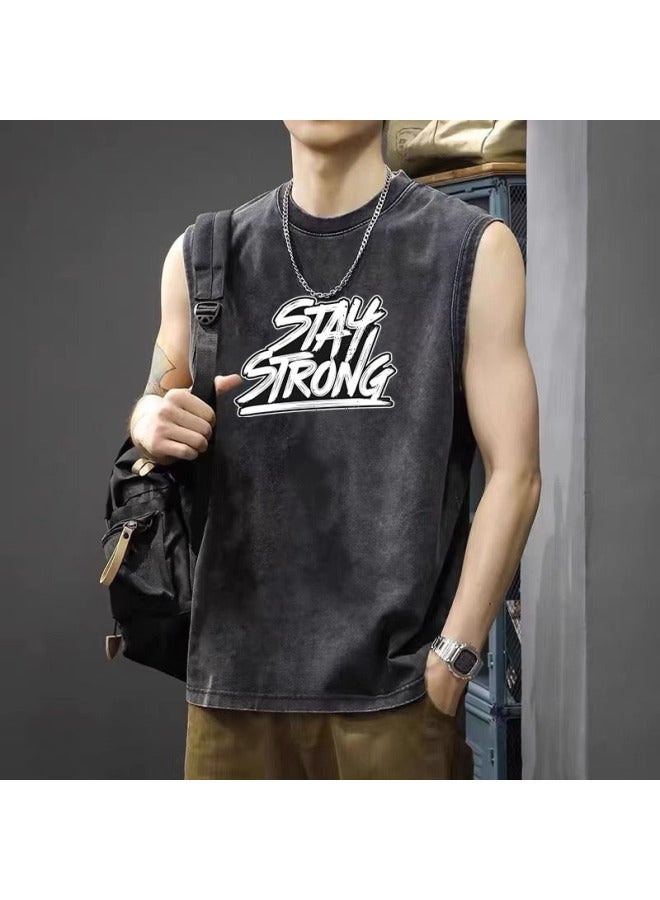American High Street Retro Washed Distressed Sports Vest Trendy Brand Sleeveless T-shirt Loose Casual Fitness Short Sleeve