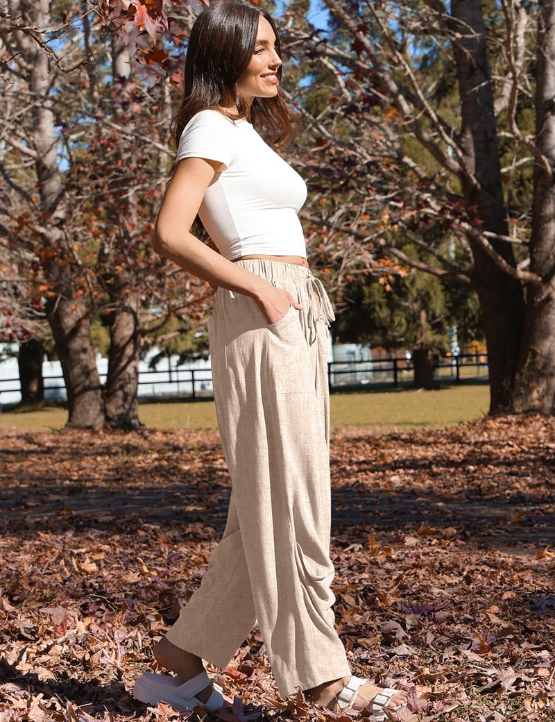 TARSE Women Linen Wide Leg Pants Drawstring Low Waist Beach Travel Vacation Outfits, HeatherLightKhaki, S - Image 2