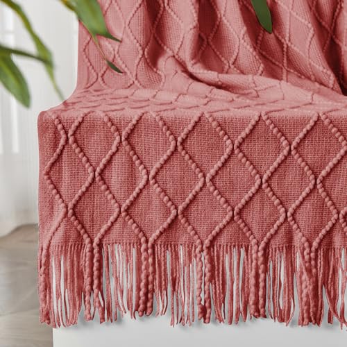 InHand Knitted Throw Blanket for Couch and Bed, Soft Cozy Knit Blanket with Tassel, Coral Pink Lightweight Decorative Throw, Farmhouse Warm Woven Throw for Men and Women, 50"x60" - Image 1