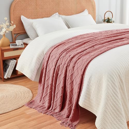 InHand Knitted Throw Blanket for Couch and Bed, Soft Cozy Knit Blanket with Tassel, Coral Pink Lightweight Decorative Throw, Farmhouse Warm Woven Throw for Men and Women, 50"x60" - Image 5