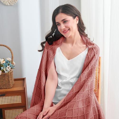 InHand Knitted Throw Blanket for Couch and Bed, Soft Cozy Knit Blanket with Tassel, Coral Pink Lightweight Decorative Throw, Farmhouse Warm Woven Throw for Men and Women, 50"x60" - Image 2
