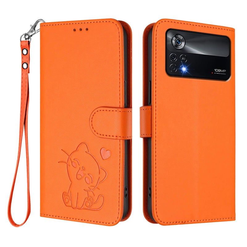 erorex For Xiaomi Poco X4 Pro 5G Embossed  Cat Leather Phone Case with Hand Strap(Orange) - Image 2