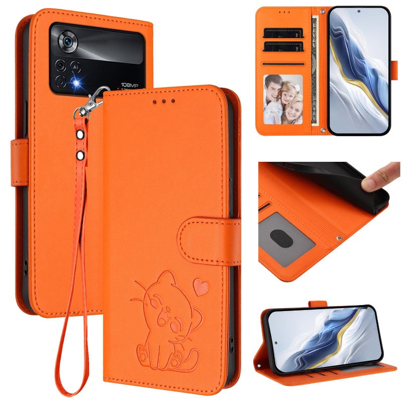 erorex For Xiaomi Poco X4 Pro 5G Embossed  Cat Leather Phone Case with Hand Strap(Orange) - Image 1