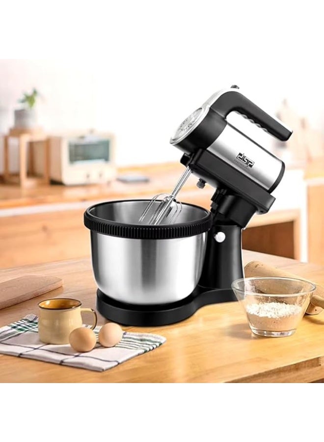 DSP 5-speed, 4L stand mixer, model DSP KM3058. Stainless steel stand mixer with two mixing paddles and chrome dough hooks. - Image 1