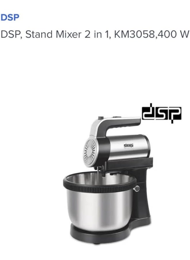 DSP 5-speed, 4L stand mixer, model DSP KM3058. Stainless steel stand mixer with two mixing paddles and chrome dough hooks. - Image 4