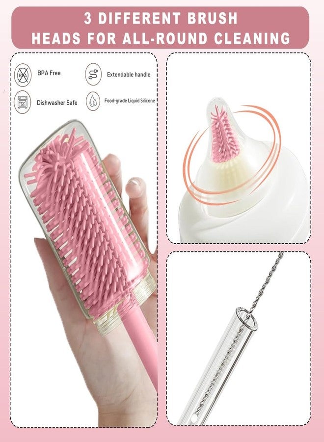 Tony Stark Non-Toxic, Baby Bottle Cleaning Brushes Set with Stand for Baby Milk Bottle, Nipple, Straw,Silicone Bristle Bottle Cleaner Brush for Movable Cleaning (Blossom Bear (Pink)) - Image 5
