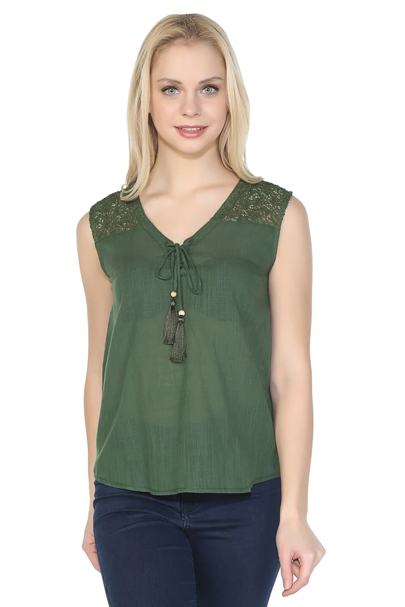 اليش شيل بيزي Sleeveless Sile Cloth Tern Blouse Green Ysl
