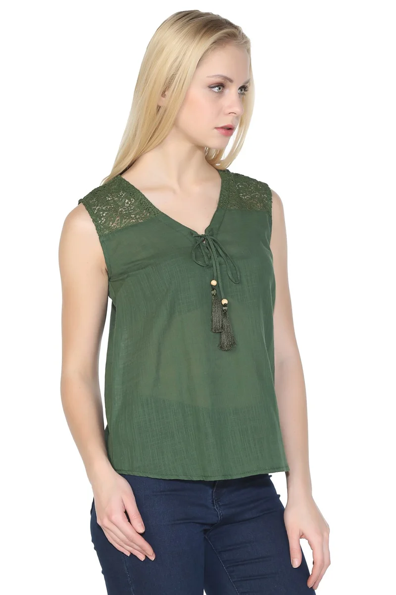 اليش شيل بيزي Sleeveless Sile Cloth Tern Blouse Green Ysl