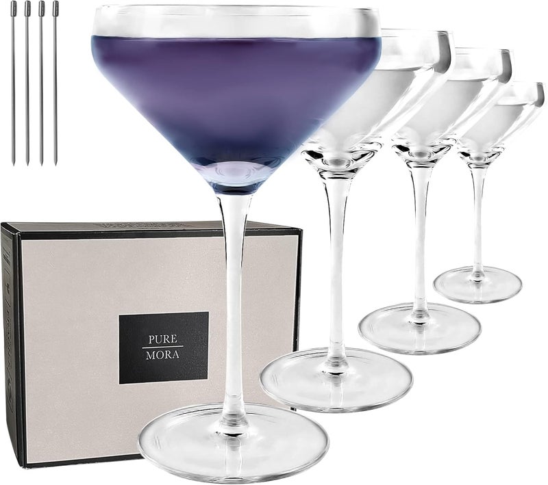 Mora PURE The Remy Coupe - Set of 4, 8oz Handblown Premium Crystal Martini Glasses for Cocktail, Gin & Tonic, Cosmopolitan, Manhattan, Bar, Fancy Mixology, etc. Modern Angle Drinking Glassware - Image 1