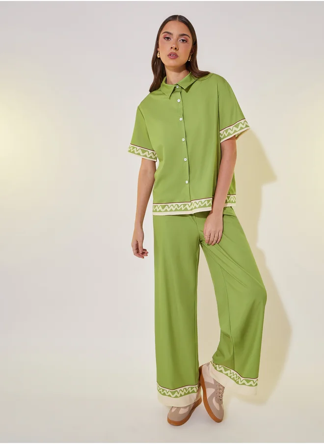 Styli Printed Contrast Trim Short Sleeve Shirt and Pants Co-Ords Set