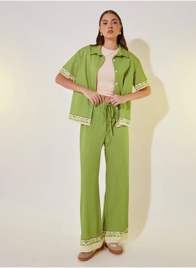 Styli Printed Contrast Trim Short Sleeve Shirt and Pants Co-Ords Set