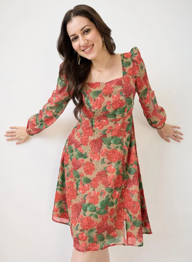 globus Georgette Floral Printed Square Neck Midi Dress