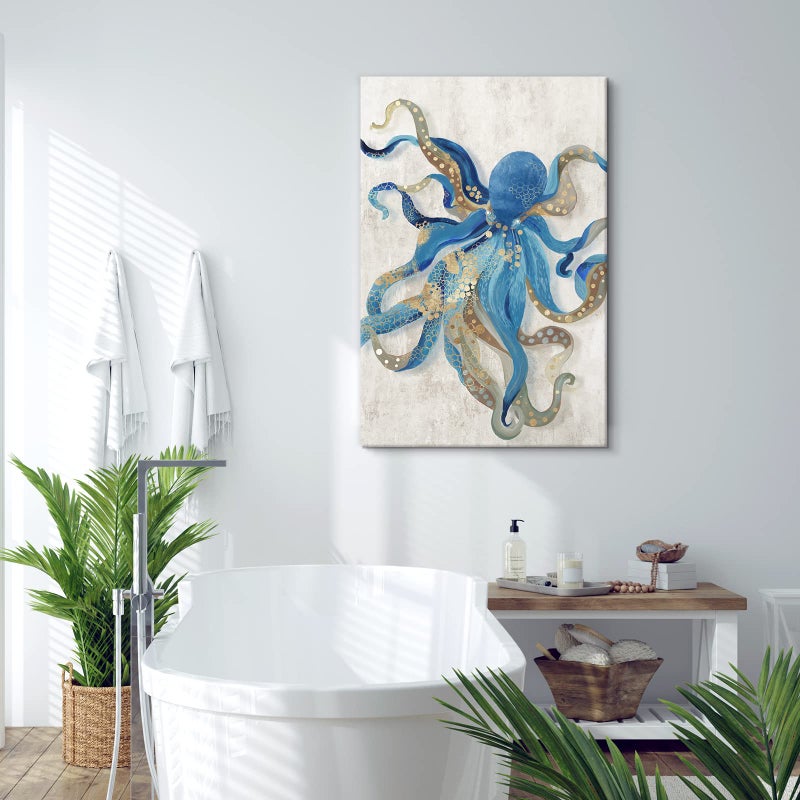 JAPO ART Octopus Canvas Wall Art Ocean Life Theme Painting Blue and Gold Sea Animal Picture Coastal Artwork Framed Octopus Picture For Bathroom Bedroom Livingroom Wall Decoration 24x36Inch - Image 3