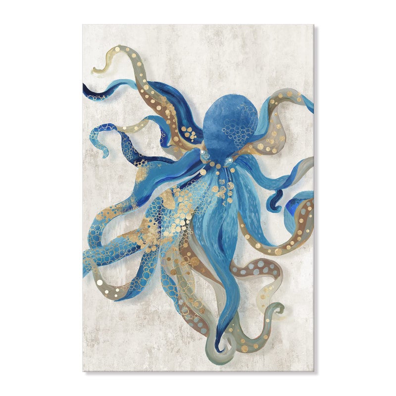 JAPO ART Octopus Canvas Wall Art Ocean Life Theme Painting Blue and Gold Sea Animal Picture Coastal Artwork Framed Octopus Picture For Bathroom Bedroom Livingroom Wall Decoration 24x36Inch - Image 1