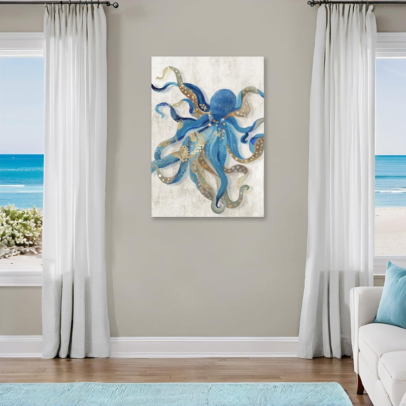 JAPO ART Octopus Canvas Wall Art Ocean Life Theme Painting Blue and Gold Sea Animal Picture Coastal Artwork Framed Octopus Picture For Bathroom Bedroom Livingroom Wall Decoration 24x36Inch - Image 4