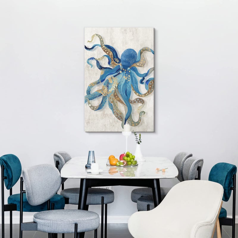JAPO ART Octopus Canvas Wall Art Ocean Life Theme Painting Blue and Gold Sea Animal Picture Coastal Artwork Framed Octopus Picture For Bathroom Bedroom Livingroom Wall Decoration 24x36Inch - Image 5