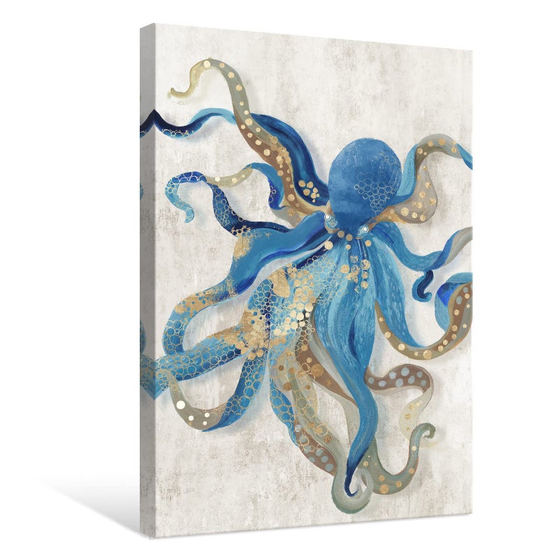 JAPO ART Octopus Canvas Wall Art Ocean Life Theme Painting Blue and Gold Sea Animal Picture Coastal Artwork Framed Octopus Picture For Bathroom Bedroom Livingroom Wall Decoration 24x36Inch - Image 2