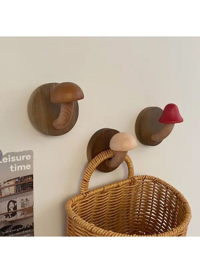Red Wood Mushroom Shaped Wall Hook No Drill Hanger For Coats Hats Keys Bags Rustic Farmhouse Storage Shelf Organizer - Image 1