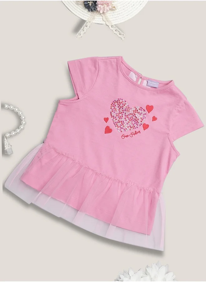 One Friday One Friday Girls Pink Sequinned Heart Cotton Top
