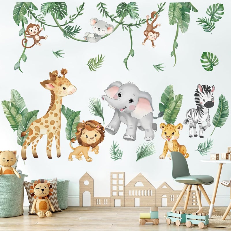 wondever Jungle Animals Tropical Leaves Wall Stickers Safari Lion Giraffe Elephant Peel and Stick Wall Art Decals for Baby Nursery Kids Bedroom Living Room - Image 2