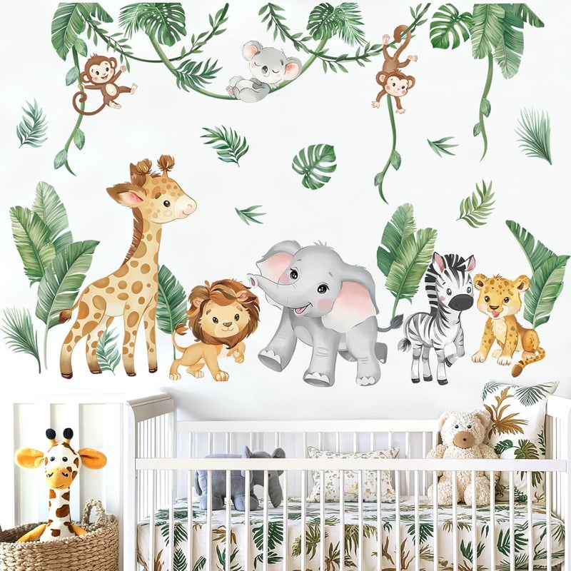 wondever Jungle Animals Tropical Leaves Wall Stickers Safari Lion Giraffe Elephant Peel and Stick Wall Art Decals for Baby Nursery Kids Bedroom Living Room - Image 1