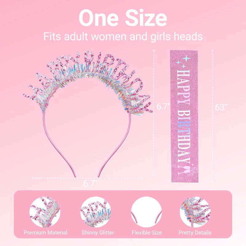 Papoopy Birthday Headband with Sash for Women, Birthday Crwon Tiara for Decorations - Image 2