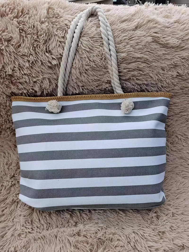 2024 Canvas Tote Stripe Satchel Eco-Friendly Beach Bag Gray