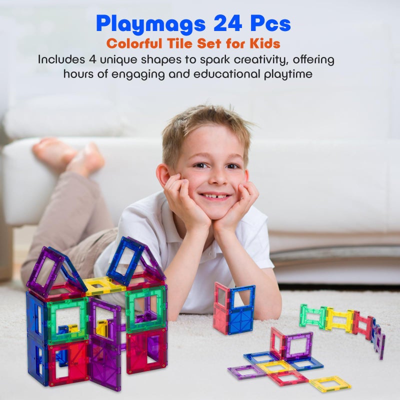 Playmags Playmags 3D Magnetic Blocks for Kids - Magnet Blocks to Learn Shapes, Colors, & Alphabet STEM Magnetic Toys Develop Motor Skills & Creativity-Colorful (24 Piece Set)  - Image 2