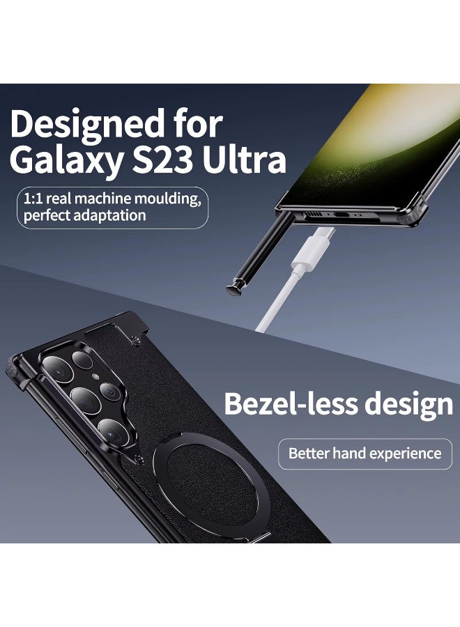 Oatsbasf Frameless Case For Samsung Galaxy S23 Ultra With Aramid Fiber Shockproof Protective Cover 360 Degree Rotating Stand MagSafe Compatible Slim Metal Leather Case Black - Image 5