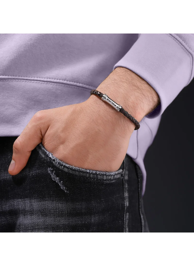 POLICE Barrell Black/Brown Leather Stainless Steel Gents Bracelet