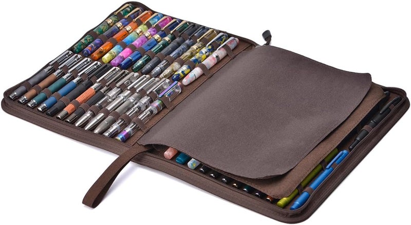 erofa 48 Slots Fountain Pen Case, Brown Water Resistant Canvas Pen Holder Display Pouch Storage Large Capacity Bag - Image 1