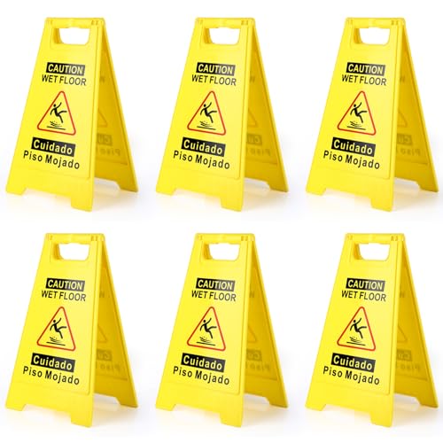 WOUSEDO 6-Pack Caution Wet Floor Sign,17.5" Height,Bright Yellow Double-Sided Folding A-Shaped Frame Design, Bilingual Caution Message - Image 1