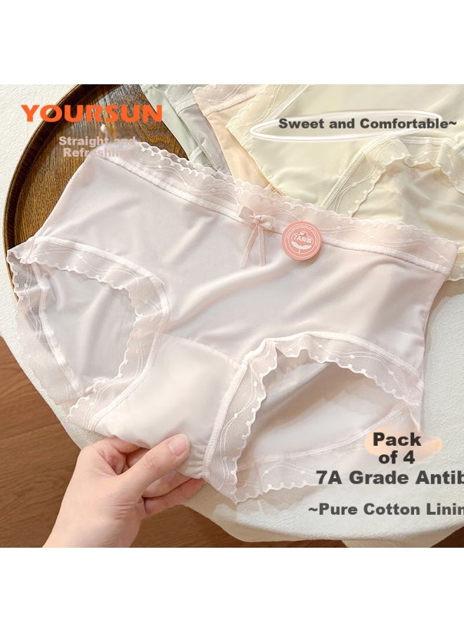 Your Sun Comfortable Ice Silk Lace Trim Mid-Rise Women'S Antibacterial Breathable Underwear Set Of 4 For Ladies, Students, Mixed Colors, Size L - Image 2