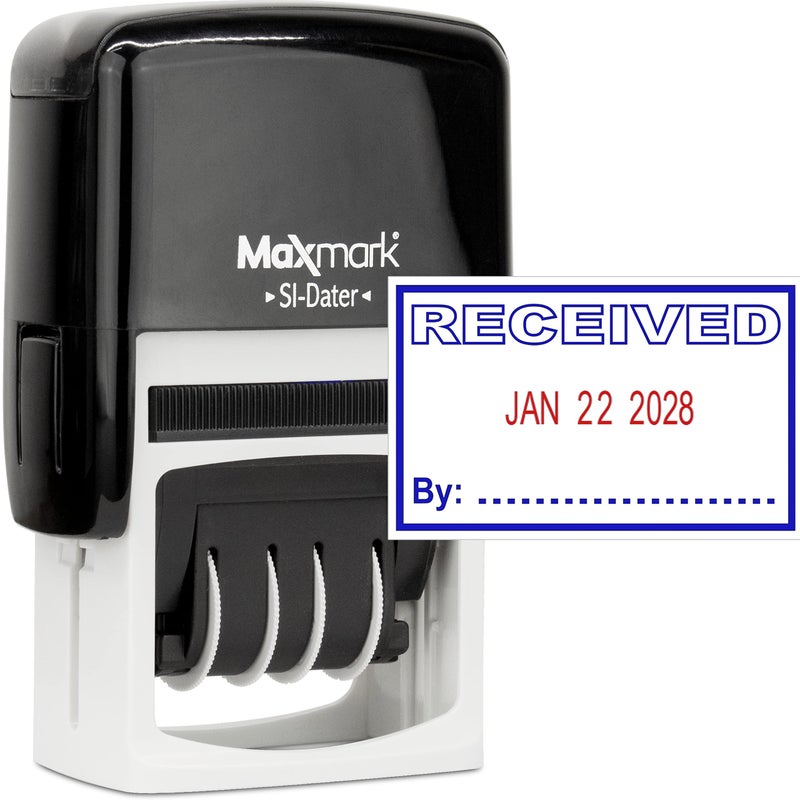 MaxMark Office Self Inking Date Stamp with Phrase Received - 2 Color Blue/Red Ink - Image 1