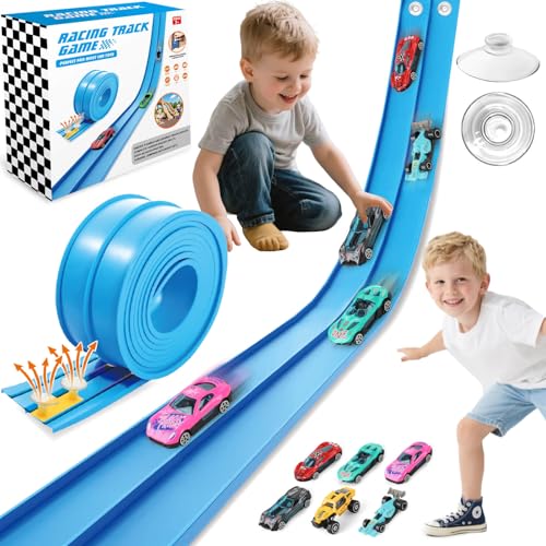 Gretex Flexible Race Track for Kids Ages 48 15 Ft Flex Race Car Ramp Track With 6 Toy Cars Suction Cups Portable DIY Racetrack Compatible With Diecast 164th Cars Ideal Gift for Kids Toys Boys 35 - Image 1