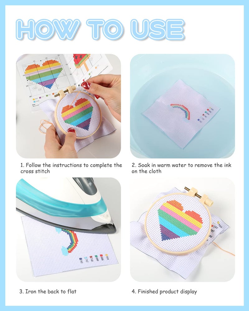 Pllieay Cross Stitch Beginner Kit for Kids 7-13, Includes 6pcs Project Cross Stitch Pattern and 2pcs Hoops, 12 Skeins, Needle Point Starter Kit Sewing Set with Instructions for Christmas Gift - Image 4