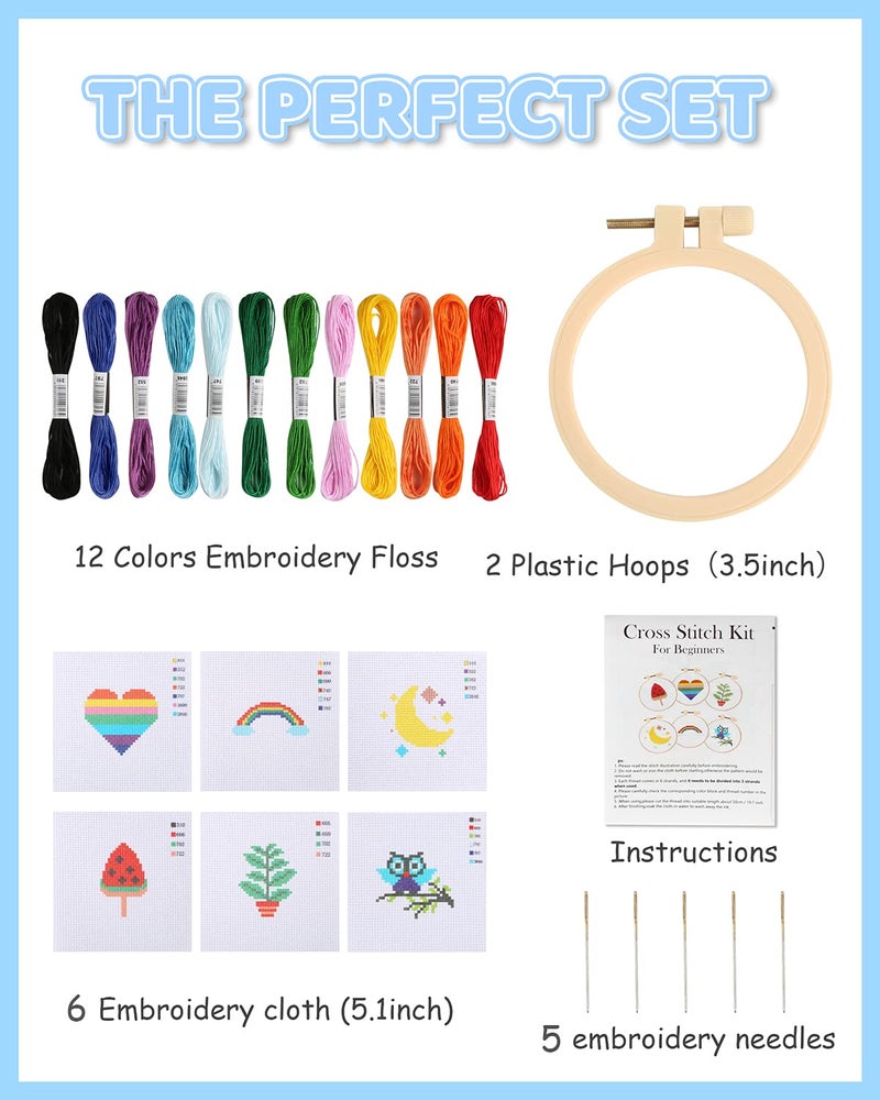 Pllieay Cross Stitch Beginner Kit for Kids 7-13, Includes 6pcs Project Cross Stitch Pattern and 2pcs Hoops, 12 Skeins, Needle Point Starter Kit Sewing Set with Instructions for Christmas Gift - Image 2