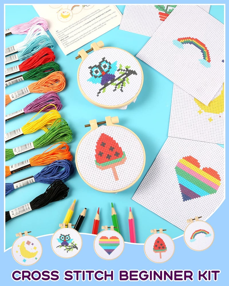 Pllieay Cross Stitch Beginner Kit for Kids 7-13, Includes 6pcs Project Cross Stitch Pattern and 2pcs Hoops, 12 Skeins, Needle Point Starter Kit Sewing Set with Instructions for Christmas Gift - Image 3