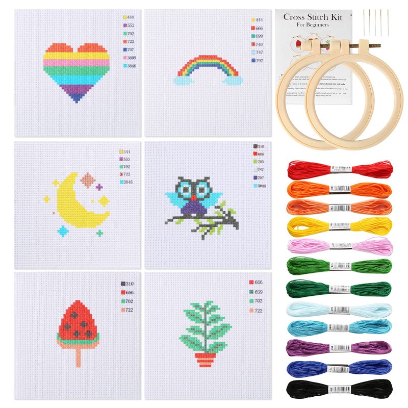 Pllieay Cross Stitch Beginner Kit for Kids 7-13, Includes 6pcs Project Cross Stitch Pattern and 2pcs Hoops, 12 Skeins, Needle Point Starter Kit Sewing Set with Instructions for Christmas Gift - Image 1