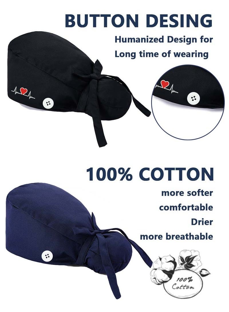 YIM-VIBEHAUS 4 Pack Working Cap with Buttons and Sweatband, Cotton Printed Adjustable Bouffant Tie Back Hats for Women and Men Nurse Hat with Buttons One Size  - Image 2