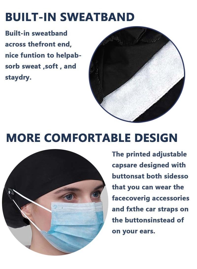 YIM-VIBEHAUS 4 Pack Working Cap with Buttons and Sweatband, Cotton Printed Adjustable Bouffant Tie Back Hats for Women and Men Nurse Hat with Buttons One Size  - Image 3