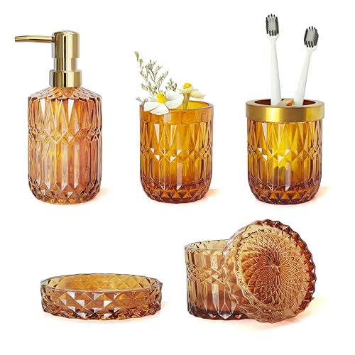 LaMarriti Amber Bathroom Accessories Set, 5Pcs Clear Glass Bathroom Sets, Hand Soap Dispenser, Soap Dish, Toothbrush Holder Set, Qtips Holder for Crystal Vintage Bath Decor, Set - Image 1