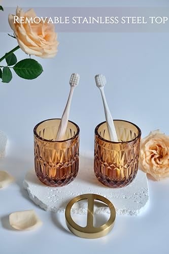 LaMarriti Amber Bathroom Accessories Set, 5Pcs Clear Glass Bathroom Sets, Hand Soap Dispenser, Soap Dish, Toothbrush Holder Set, Qtips Holder for Crystal Vintage Bath Decor, Set - Image 3