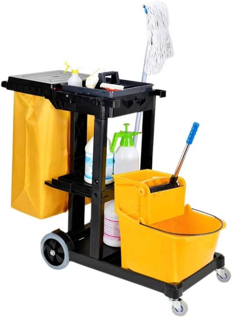 Amber Home Janitorial Cart Utility Cart Housekeeping Cart with Lid & Detachable Bag Heavy Duty 3 Shelf Cleaning Cart Cleaning Trolley for Restaurant, Hotels, Commercial, Industrial & Hospitality Black - Image 1