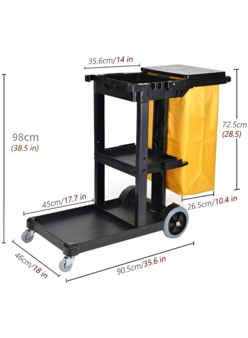 Amber Home Janitorial Cart Utility Cart Housekeeping Cart with Lid & Detachable Bag Heavy Duty 3 Shelf Cleaning Cart Cleaning Trolley for Restaurant, Hotels, Commercial, Industrial & Hospitality Black - Image 2
