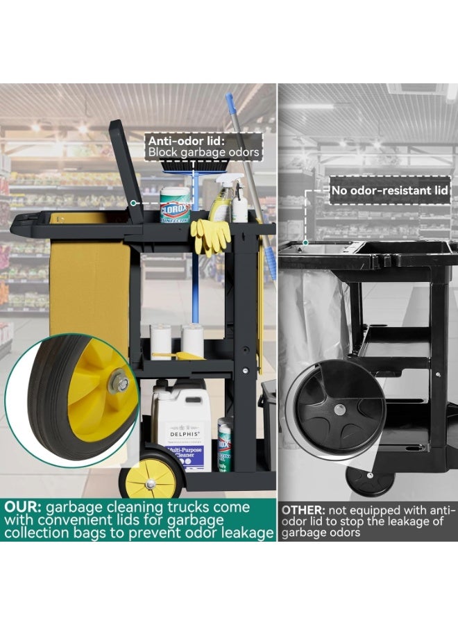Amber Home Janitorial Cart Utility Cart Housekeeping Cart with Lid & Detachable Bag Heavy Duty 3 Shelf Cleaning Cart Cleaning Trolley for Restaurant, Hotels, Commercial, Industrial & Hospitality Black - Image 3