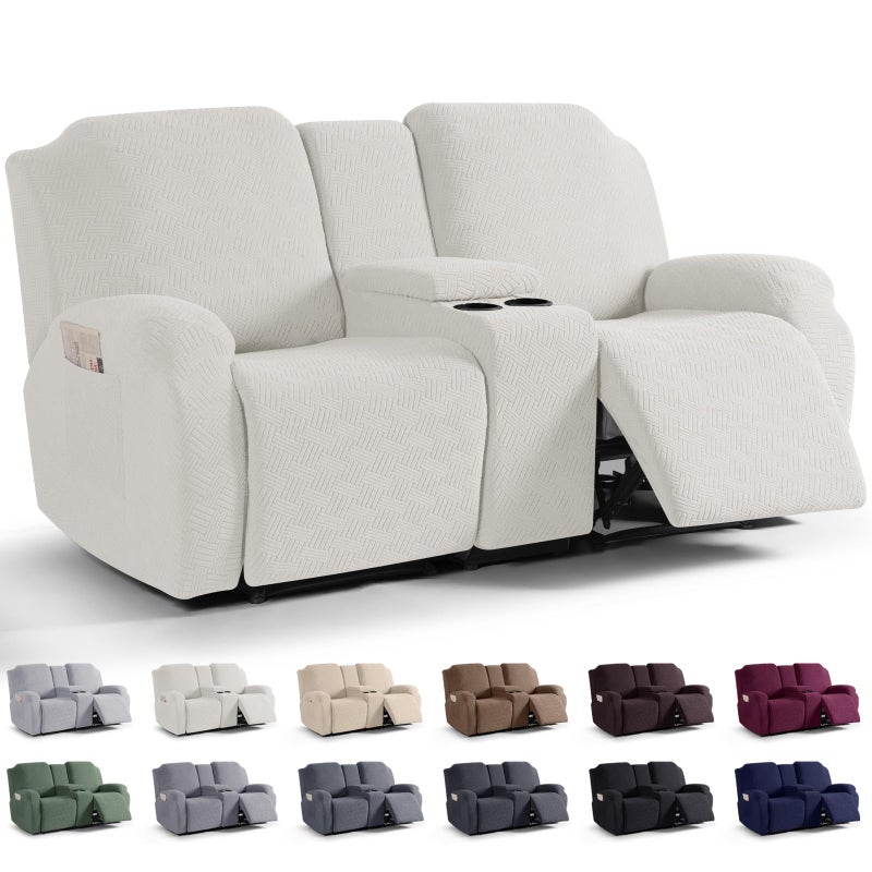 KinCam Loveseat Recliner Covers with Middle Console Slipcover  Recliner Sofa Covers 2 Seat Couch Cover Stripe Jacquard Furniture Protector Covers with Elastic Bottom for Kids  Pets (Cream) - Image 1