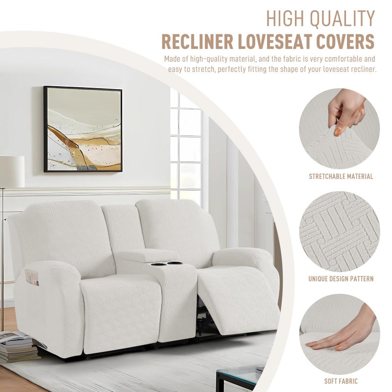 KinCam Loveseat Recliner Covers with Middle Console Slipcover  Recliner Sofa Covers 2 Seat Couch Cover Stripe Jacquard Furniture Protector Covers with Elastic Bottom for Kids  Pets (Cream) - Image 5